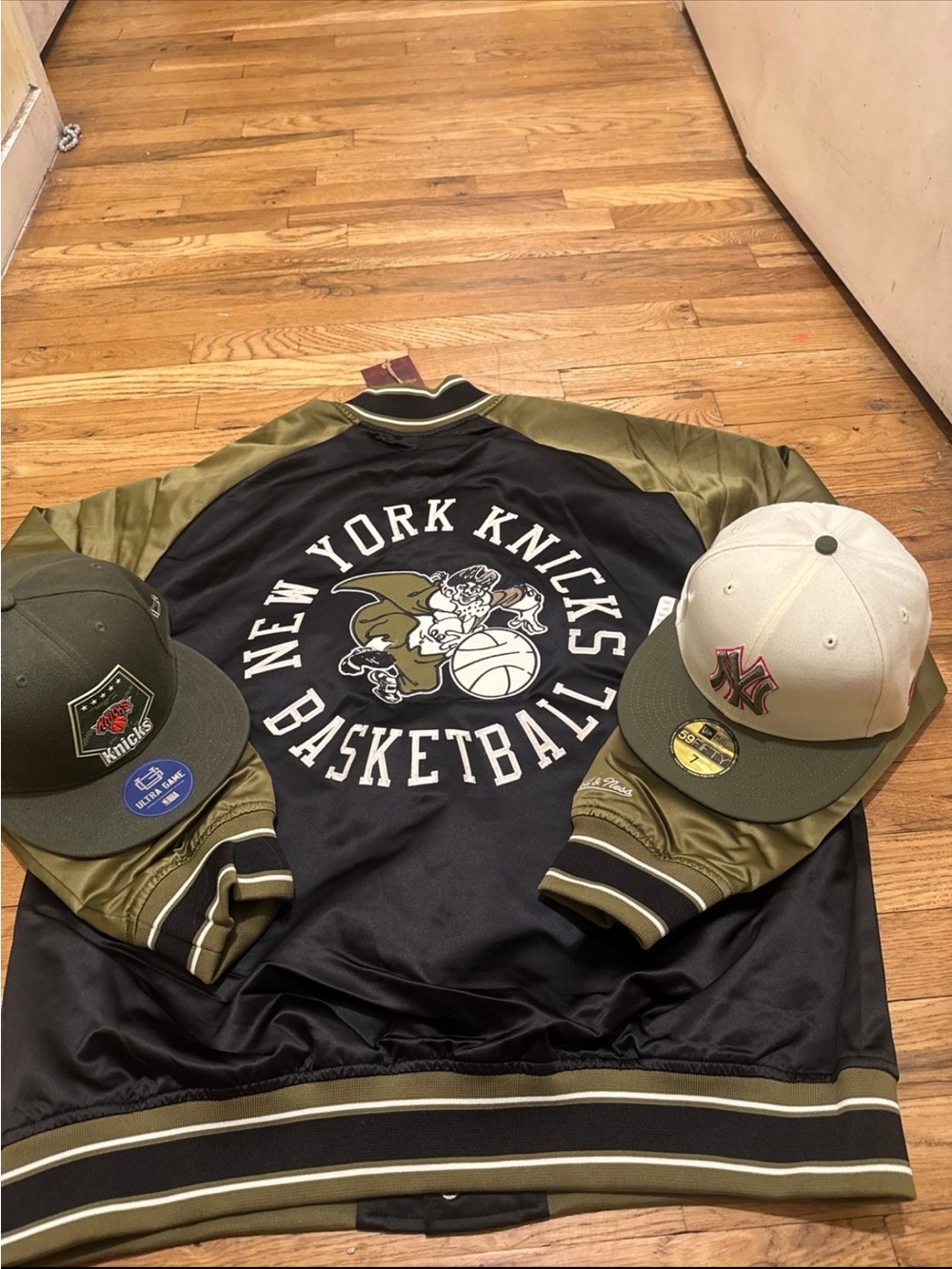 Mitchell & Ness Black and Olive New York Knicks Satin Jacket